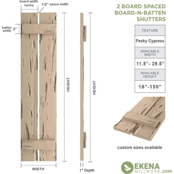 Rustic Two Board Spaced Board-n-Batten Pecky Cypress Faux Wood Shutters, 11 1/2W X 26H